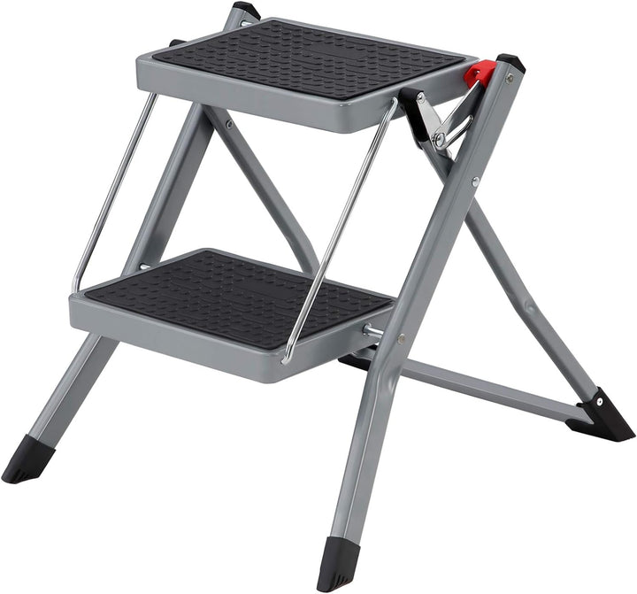 SONGMICS Klapptritt mit 2 Stufen, Trittleiter, Leiter, 20 cm breite Stufen, rutschfeste Gummimatte,