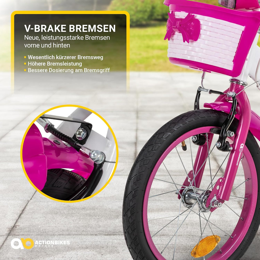 Actionbikes Kinderfahrrad Daisy | 12 Zoll / 16 Zoll / 20 Zoll - V-Brake Bremsen - Schutzblech v. und