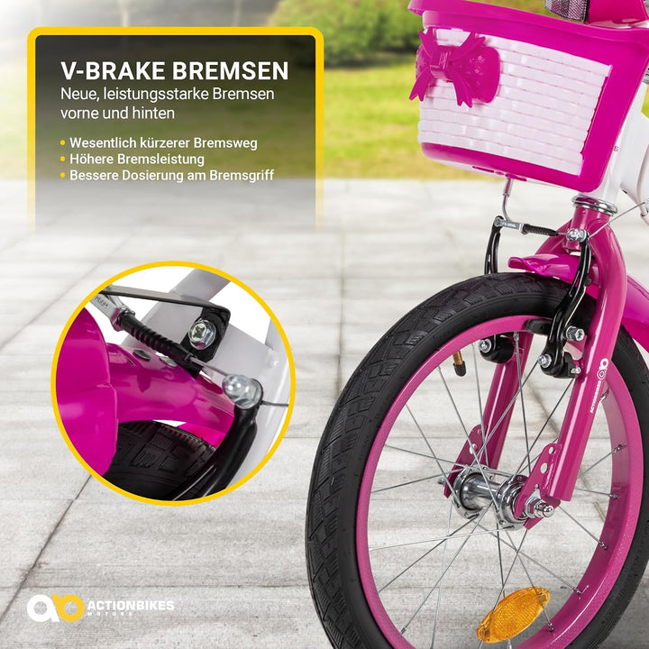 Actionbikes Kinderfahrrad Daisy | 12 Zoll / 16 Zoll / 20 Zoll - V-Brake Bremsen - Schutzblech v. und