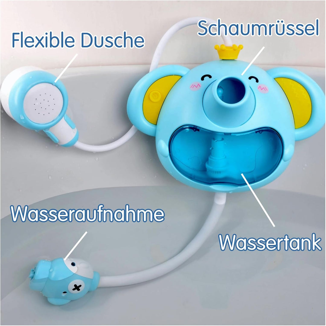 SPITZER TOYS Schaum-Elefant mit Babydusche, Badespielzeug mit Seifenblasen &amp; Musik, Badewannenspielz