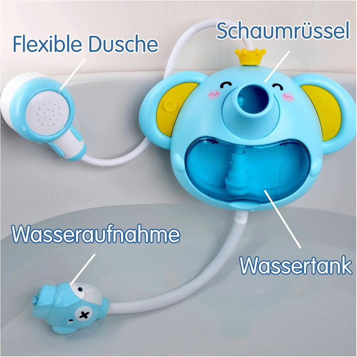 SPITZER TOYS Schaum-Elefant mit Babydusche, Badespielzeug mit Seifenblasen &amp; Musik, Badewannenspielz
