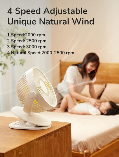 JISULIFE Mini USB Ventilator, Clip Akku Tischventilator Sehr Leise Klein mit 4000mAh Batterie, 4 Ges
