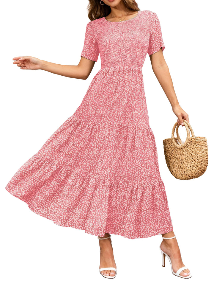 BTFBM Lässiges Sommerkleid für Damen, kurzärmelig, mit Rundhalsausschnitt, Boho-Stil, mit Blumendruc