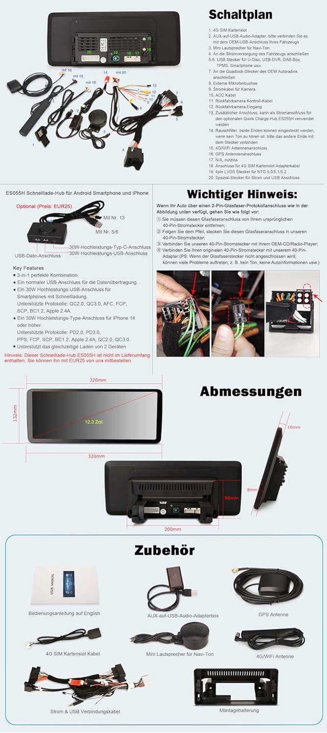 Erisin Qualcomm 12,3 Zoll 8-Kern 8GB+128GB Android 16 Autoradio Bluetooth GPS Navi für Mercedes C Kl