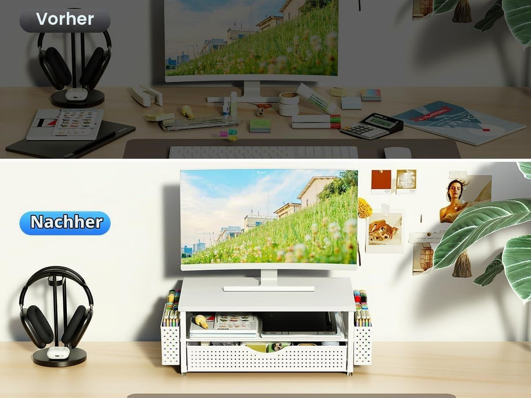Monitorständer mit Schublade, Schreibtischorganizer und Zubehör, 2-stufiger Computer Monitor Erhöhun