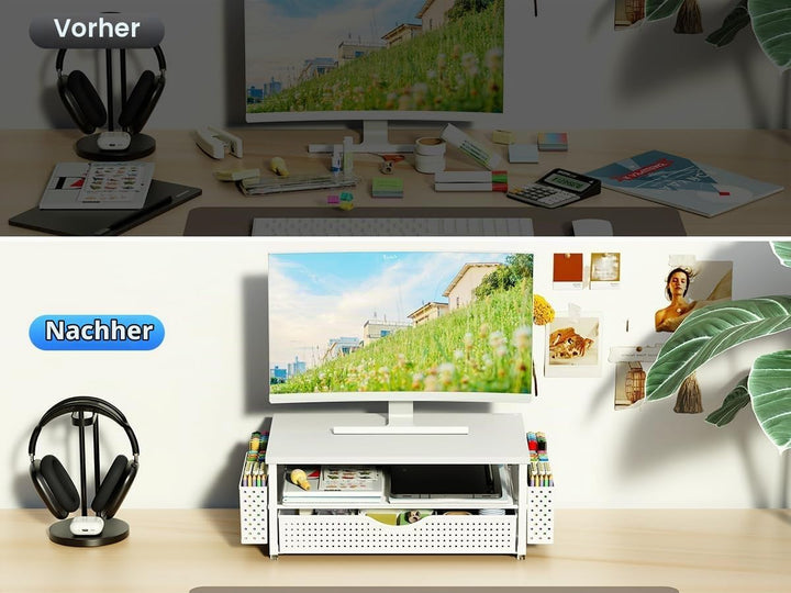 Monitorständer mit Schublade, Schreibtischorganizer und Zubehör, 2-stufiger Computer Monitor Erhöhun