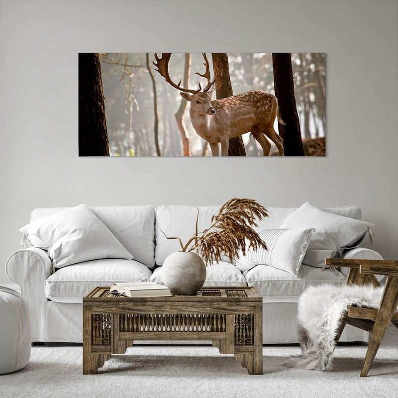 Wandbilder Dekoration Wohnzimmer Kitz Hirsch Tier wild Panorama Bilder auf Leinwand 120x50cm Leinwan