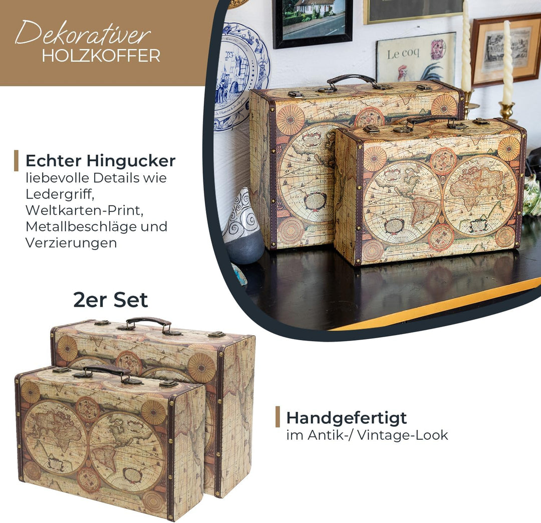 HMF VKO104 Vintage Koffer aus Holz | 2er Set | Versch. Grössen | Deko Weltkarte Farbe 2er Set Weltka