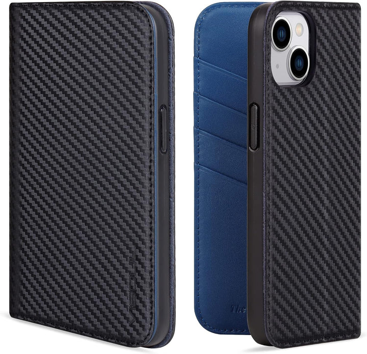 VISOUL iPhone 14 Plus Hülle, Handyhülle [100% Carbon Leder] [RFID Schutz] [Schützt vor Stoss] [Stand