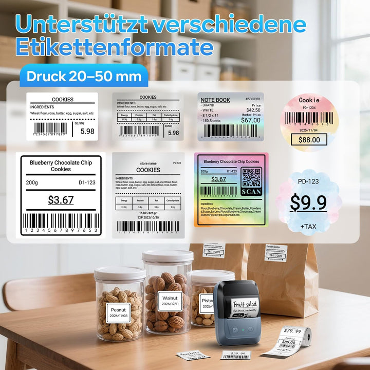 Memoking Etikettendrucker Selbstklebend, Bluetooth Label Printer mit 2000 Symbolen und 300 Vorlagen,