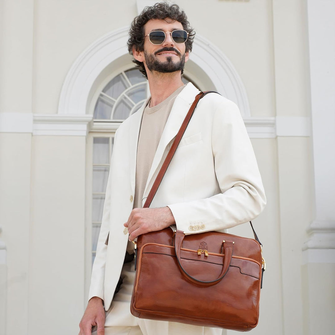 Time Resistance Aktentasche Leder Laptoptasche mit Schultergurt - Handgefertigt in Italien - Arbeits