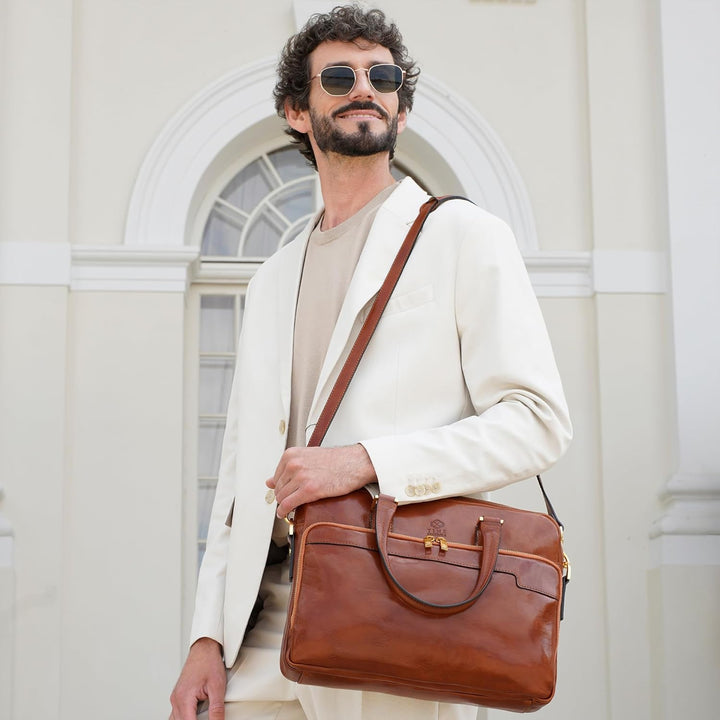 Time Resistance Aktentasche Leder Laptoptasche mit Schultergurt - Handgefertigt in Italien - Arbeits