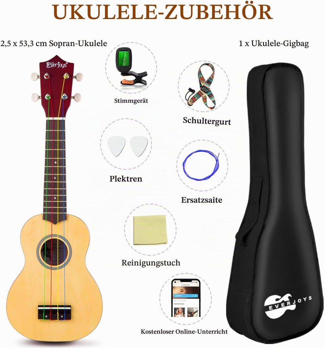 Everjoys Sopran Ukulele Set für Erwachsene 21 Zoll Ukulele Starter Kit mit Tasche, Tuner, Songbook,