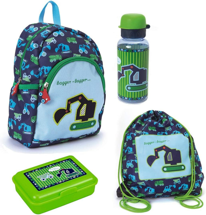 Spiegelburg Kindergarten Rucksack Set 4tlg. mit Turnbeutel, Brotdose und Trinkflasche Bagger Grün Bl