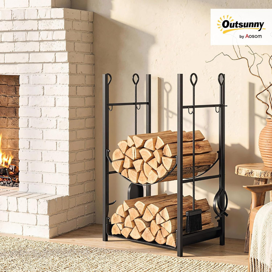 Outsunny 2-Etagen-Kaminholzhalter aus Metall für den Innen- und Aussenbereich, Kaminholzhalter für d