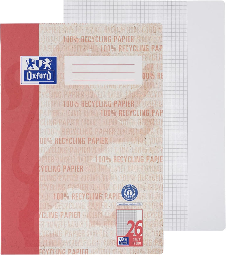 Oxford Recycling Schulheft A4, kariert mit Rand, Lineatur 26, 16 Blatt, 5 Stück & Recycling Schulhef