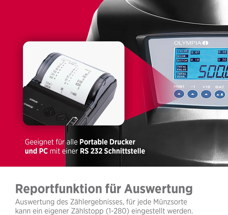 Olympia CC 202 Münzzählmaschine (für Euro-Münzen, LCD-Display, Münzsortierung, Reportfunktion, Elekt