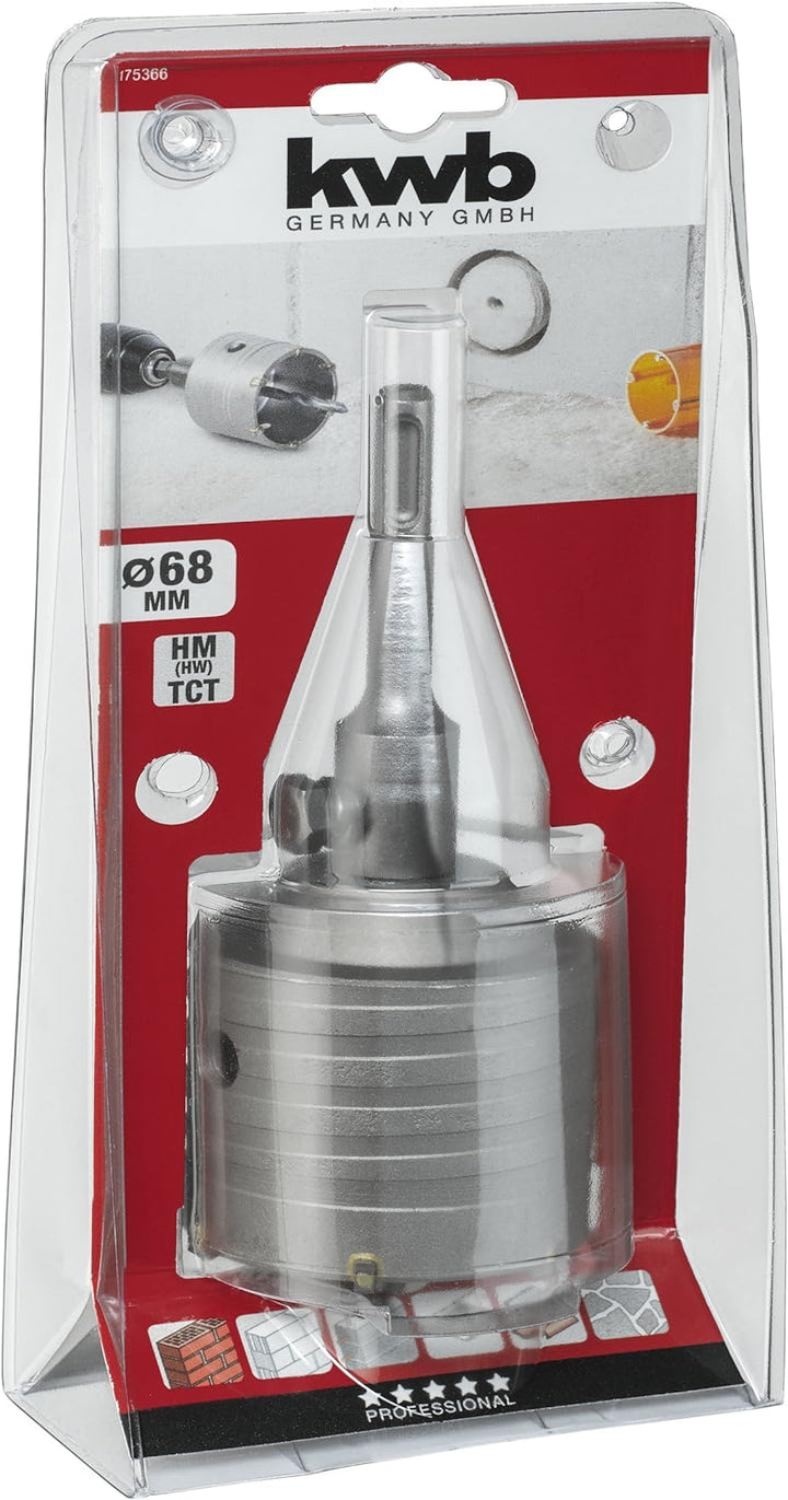 kwb Hohl-Bohrkrone Hartmetall, 68 mm Durchmesser-Grösse, SDS Plus Schaft, schlagbohrfest. inkl. Zent