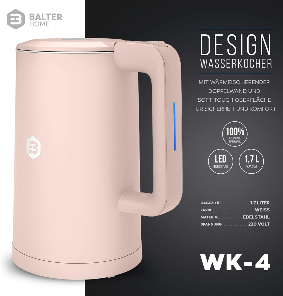 Balter Wasserkocher Edelstahl WK-4, 1,7 Liter, elektrischer Wasserkocher, Doppelwand Design, BPA fre