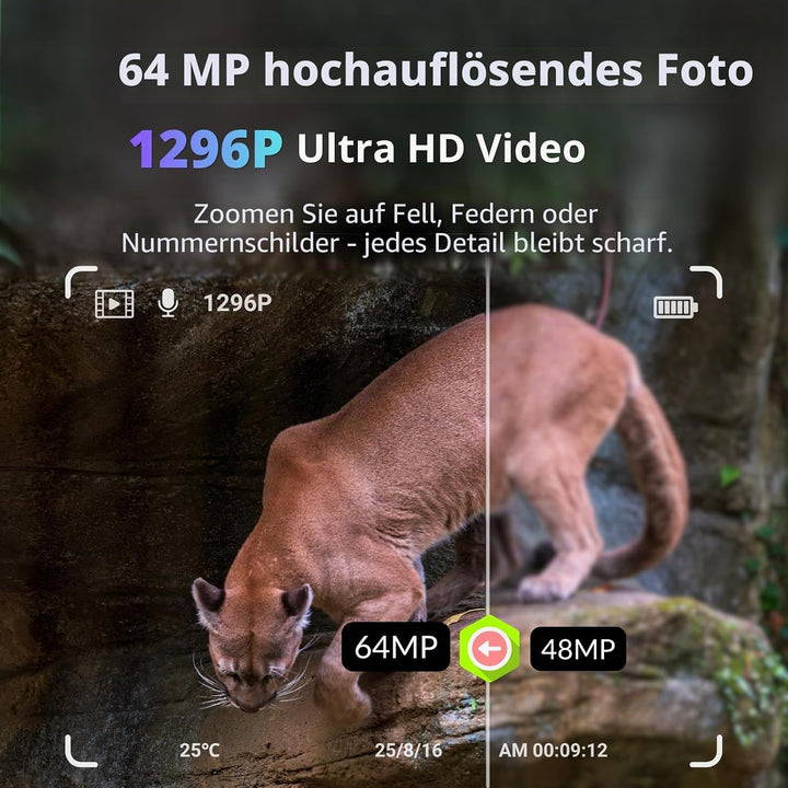 WLAN Wildkamera WiFi Wildtierkamera Nachtsichtkamera Fotofalle 32MP 1296P Verbinden druch APP Blueto