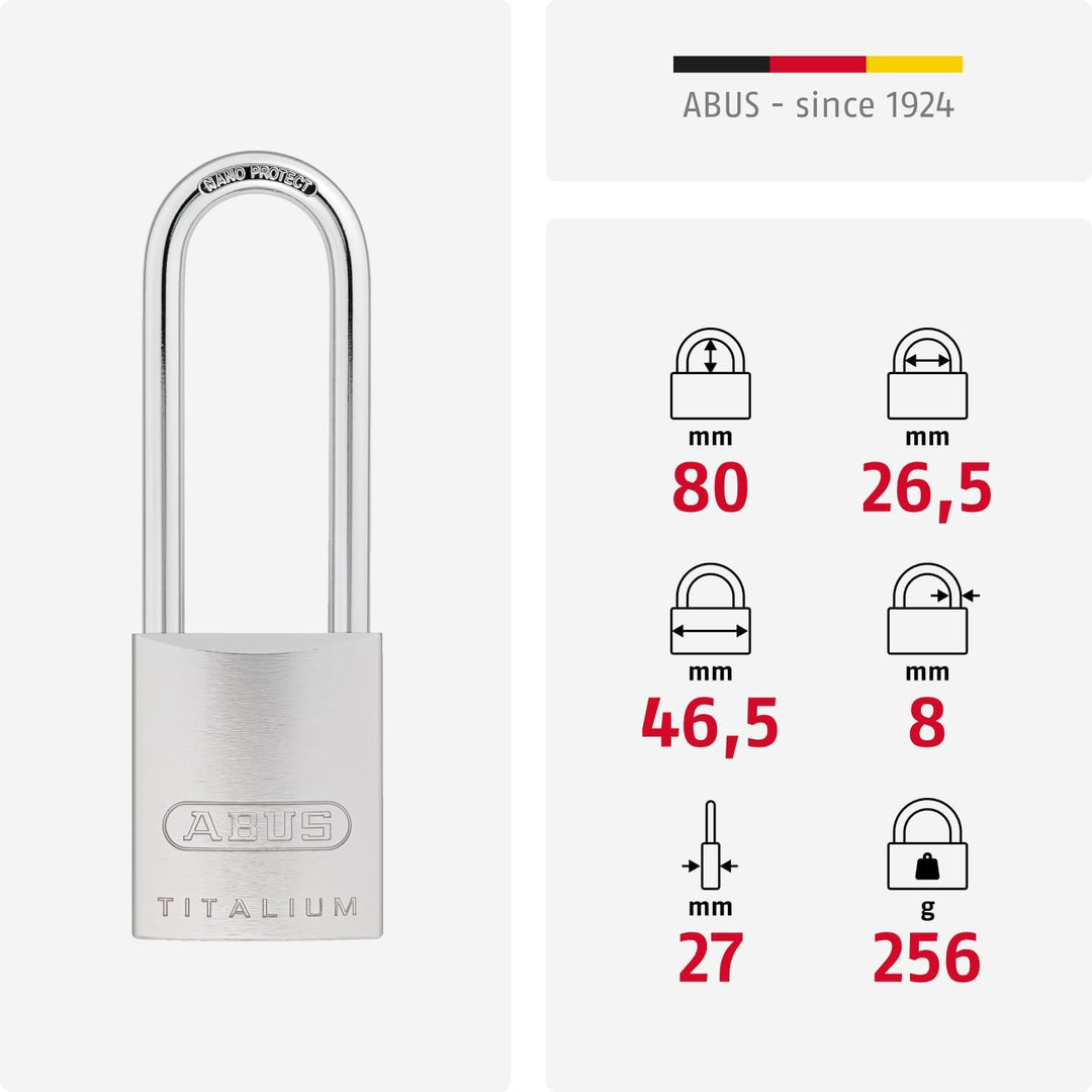 ABUS Titalium-Vorhangschloss 86TIIB/45HB80, Hochbügel ohne Zylinder, 04392, 86TIIB/45HB80