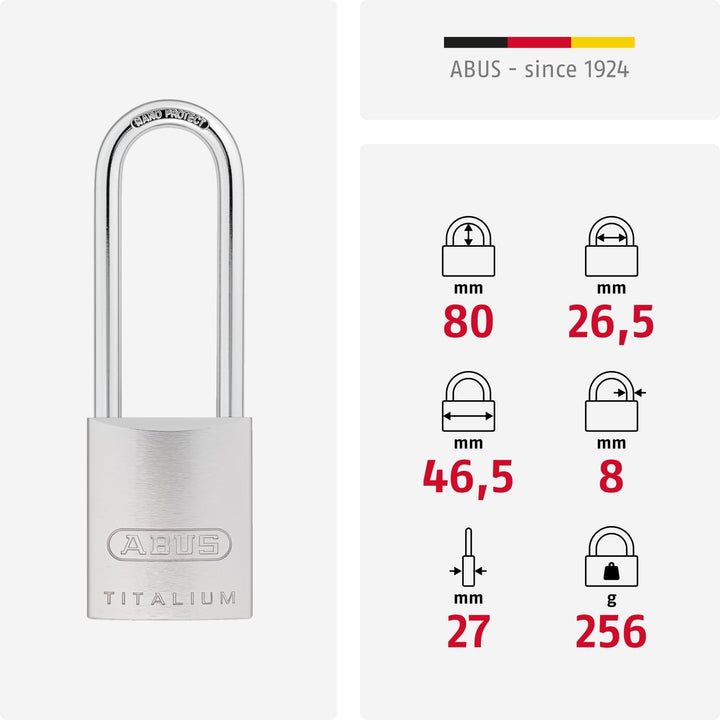 ABUS Titalium-Vorhangschloss 86TIIB/45HB80, Hochbügel ohne Zylinder, 04392, 86TIIB/45HB80