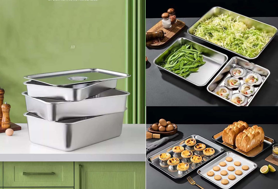 Edelstahl-Behälter-Set, Stapelbare Edelstahlpfannen, Mit Deckeln,Für den Gefrierschrank Geeignet Bac