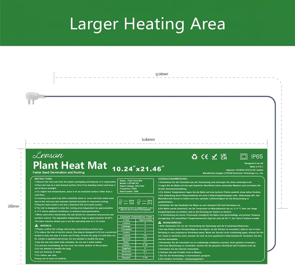 Heizmatte, wasserdicht, für Gewächshaus, 20 W, Heizmatte für Setzlinge und grosse Pflanzen, 26 × 54,
