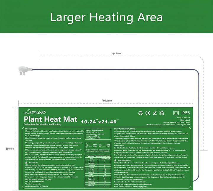 Heizmatte, wasserdicht, für Gewächshaus, 20 W, Heizmatte für Setzlinge und grosse Pflanzen, 26 × 54,