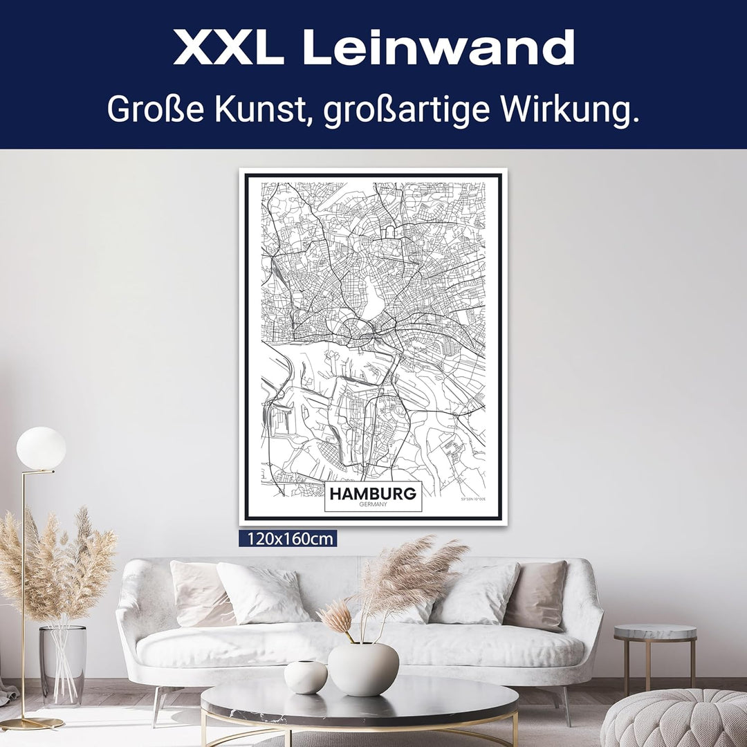 wandmotiv24 Stadt Karte als Leinwandbild, 40x30cm, Hochformat, Hamburg, Deutschland, Plan, Nordsee,