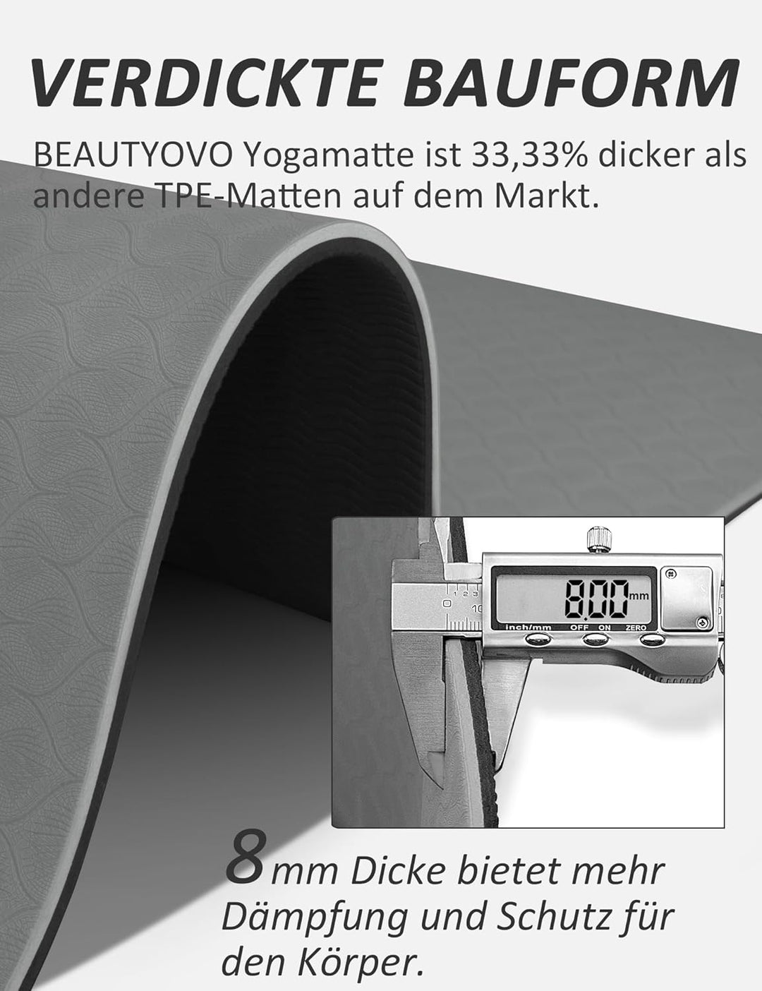 Yogamatte Rutschfest mit Tragegurt, 8mm Dicke Yoga Matte, Pro Sportmatte Fitnessmatte Rutschfest, TP