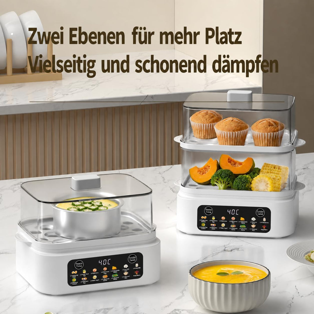 Eierkocher für 12 Eier, Multifunktions-Dampfgarer 2,5L mit 16 Programmen, 300W Eier Kocher mit Edels