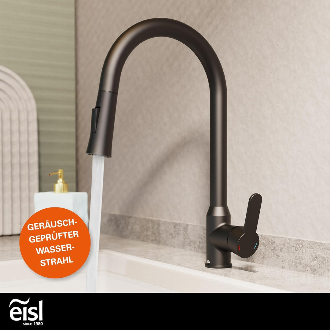 EISL Adria Wasserhahn Küche schwarz ausziehbar, Spültischarmatur schwarz 360°, Küchenarmatur mit hoh