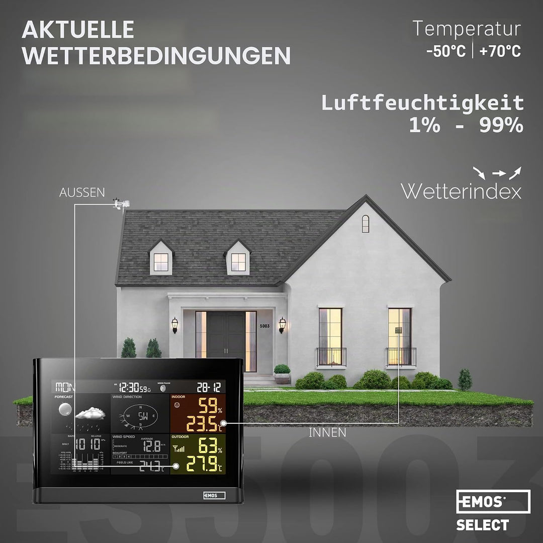EMOS Wetterstation mit Windmesser und Regenmesser- System mit Farbdisplay, zur Wettervorhersage, für