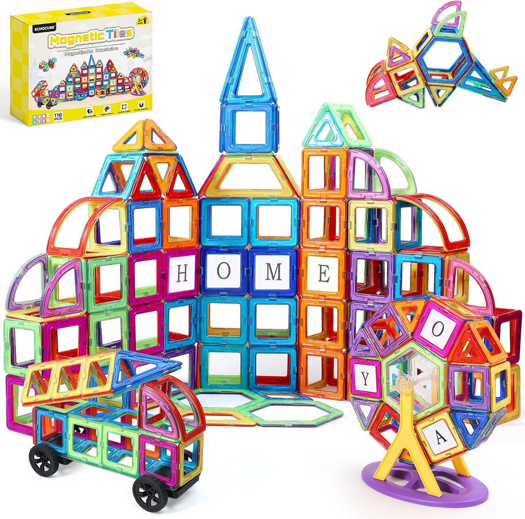 ECHOCUBE Magnetische Bauklötze für Kinder 116PC Set - Bauklötze, STEM Konstruktionsspielzeug mit leu