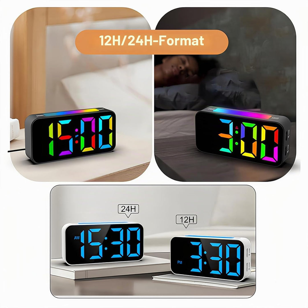 Digitaler Schlafzimmer Wecker mit Lautstärkeregler 12 24h Format einfarbiges Design RGB Grossdisplay
