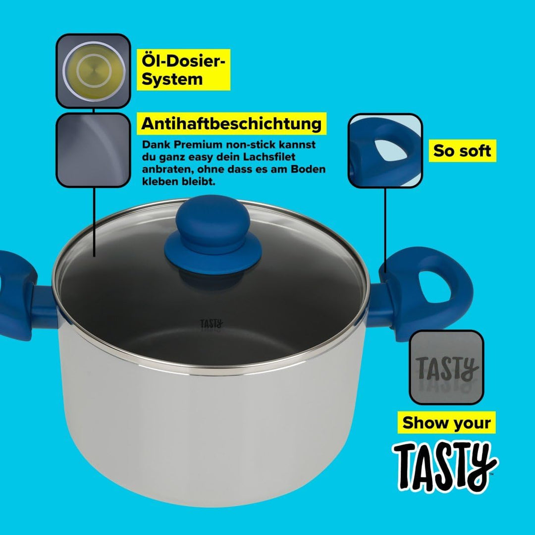 Tasty Antihaft-Kochtopf mit Glasdeckel und Öldosiersystem, 20cm, 3500ml – Gepresstes Aluminium, für