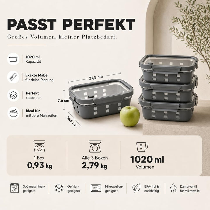 Meal Prep Boxen Set 3x1020ml – Borosilikatglas, auslaufsicher, stapelbar, mikrowellengeeignet, mit S