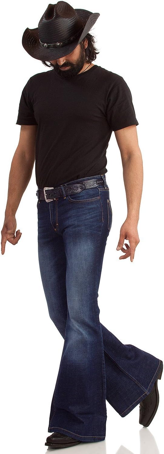 Comycom 70er Herren Blue Jeans dunkelblau Used - Jeans-Schlaghose für Männer, dunkle Vintage Bootcut