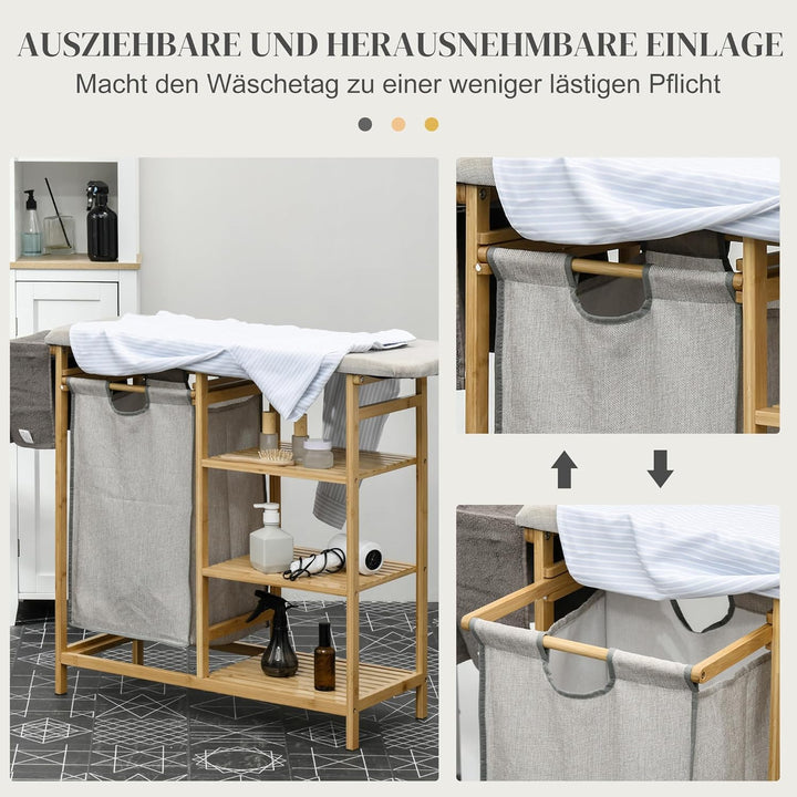 HOMCOM Wäschekorb 57,4 L Wäschesammler mit Bügelbrett und Bügeleisen, Wäschebox mit 3-Ebenen-Regal,