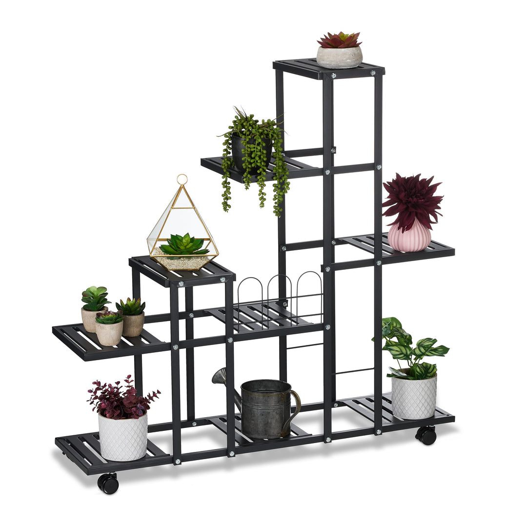 Relaxdays Blumenständer mit Rollen, H x B x T: 91,5 x 93 x 26 cm, Metall, 9 Ablagen, Pflanzenständer