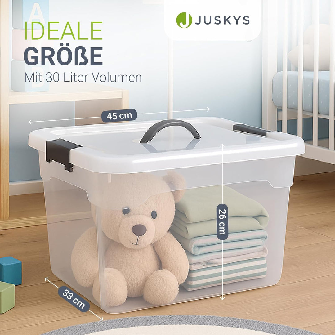 Juskys Aufbewahrungsbox mit Deckel - 4er Set Kunststoff Boxen 30l - Box gross, stapelbar, transparen
