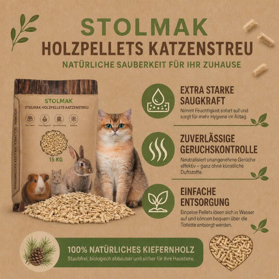 15 kg Katzenstreu 100% Pflanzliche Holzpellets Kiefer Pelletstreu Staubfrei Geruchsbindung Hohe Saug