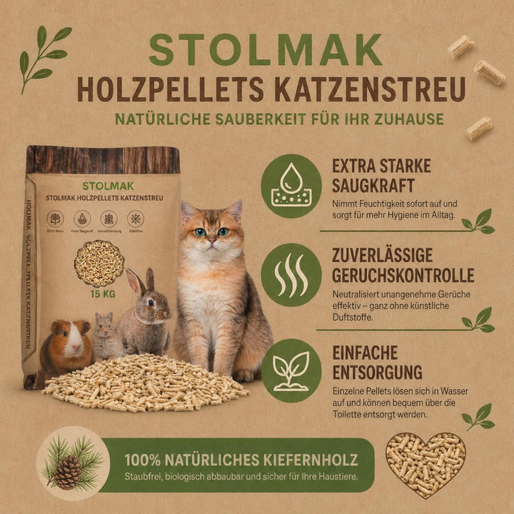 15 kg Katzenstreu 100% Pflanzliche Holzpellets Kiefer Pelletstreu Staubfrei Geruchsbindung Hohe Saug