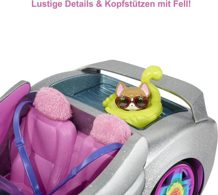 Barbie HDJ47 - Extra Auto Cabrio (glitzert) mit regenbogen Reifen, silbernes Cabrio, rosa Innenausst