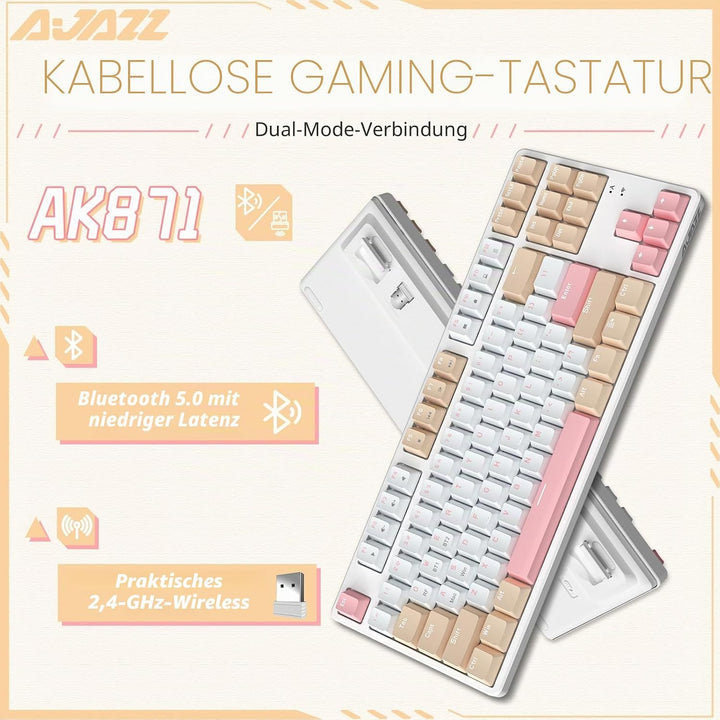 A.JAZZ AK871 Kabellose Gaming-Tastatur 75%, Bluetooth/2,4 GHz Wireless Dual-Modi, TKL 80% Mechanisch