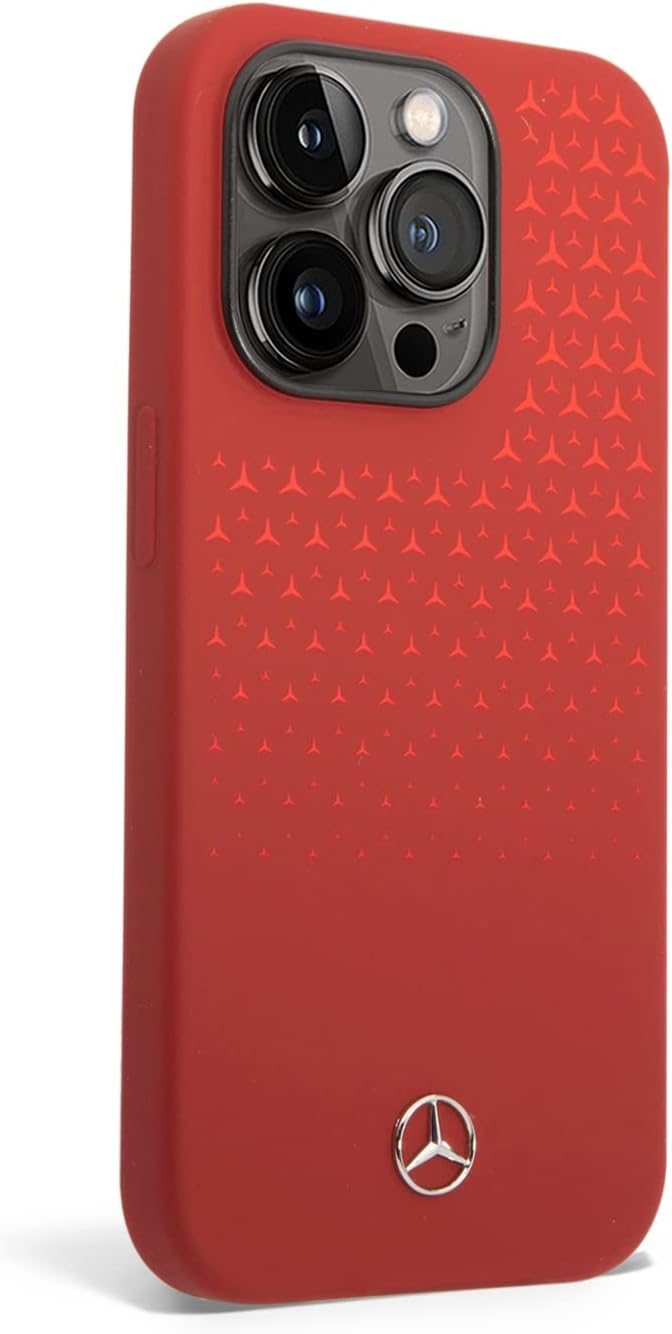 CG MOBILE Mercedes-Benz Schutzhülle für iPhone 14 Pro in Rot Farbverlauf Stern Muster Flüssigsilikon