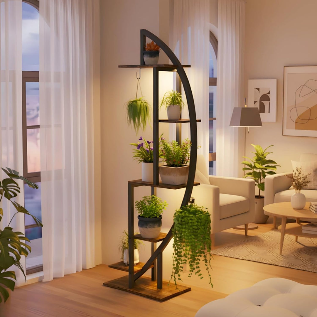 6 Ebenen Pflanzenständer mit Wachstumslicht, Grosses Blumenständer 160cm Hoch, Metall-Holz Pflanzenr