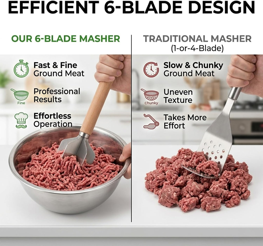 Hackfleisch Zerkleinerer, Kartoffelstampfer aus Edelstahl mit Holzgriff, Fleischwolf Manuell für Ham