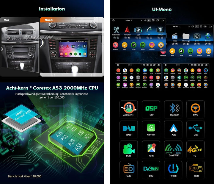 Erisin Android 14 DAB+ Autoradio 4GB+64GB Acht-Kern mit GPS Navigation Für Mercedes Benz E-Klasse W2